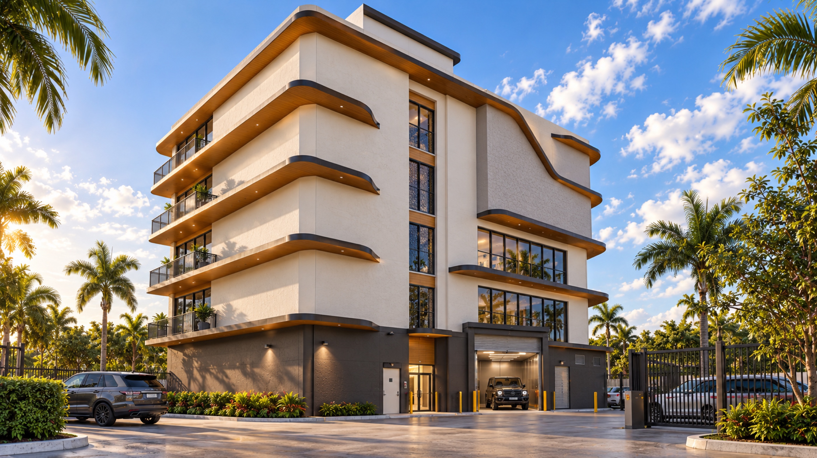 Conceptual rear visualization showing balconies and the vehicle-sized VRC entrance